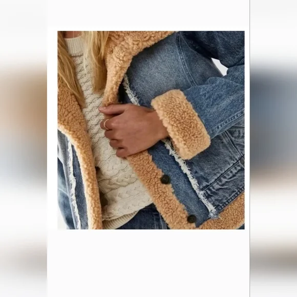 Free People Rylee Cozy Moto Sherpa Faux Fur Denim Jacket Womens - Picture 2 of 9